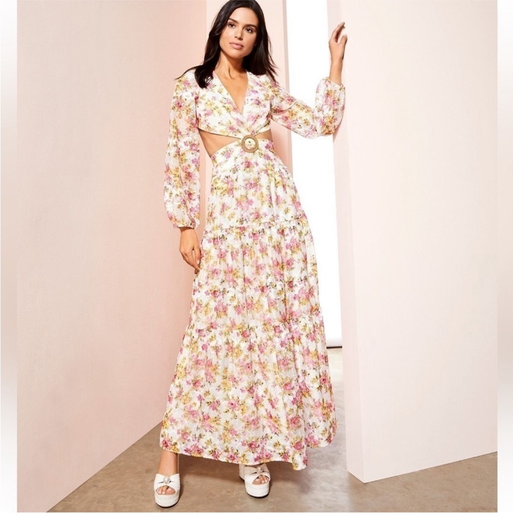 GIANNI BINI Pink Floral Eyelet Lace Backless Maxi‎ Dress Long Sleeve Tiered New